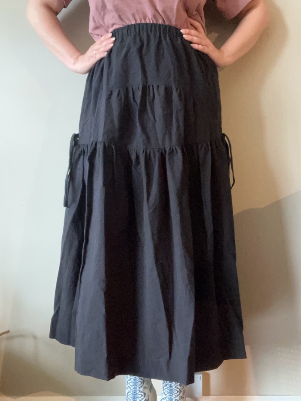 Handmade Black Tiered Maxi Skirt with Drawstring Details Size medium